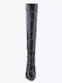 Bottes noires au-dessus du genou bout pointu fermeture éclair talon haut cuissardes