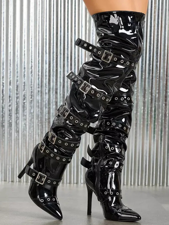 Bottes noires au-dessus du genou bout pointu boucles talon haut cuissardes