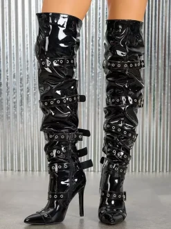 Bottes noires au-dessus du genou bout pointu boucles talon haut cuissardes