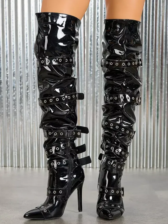 Bottes noires au-dessus du genou bout pointu boucles talon haut cuissardes