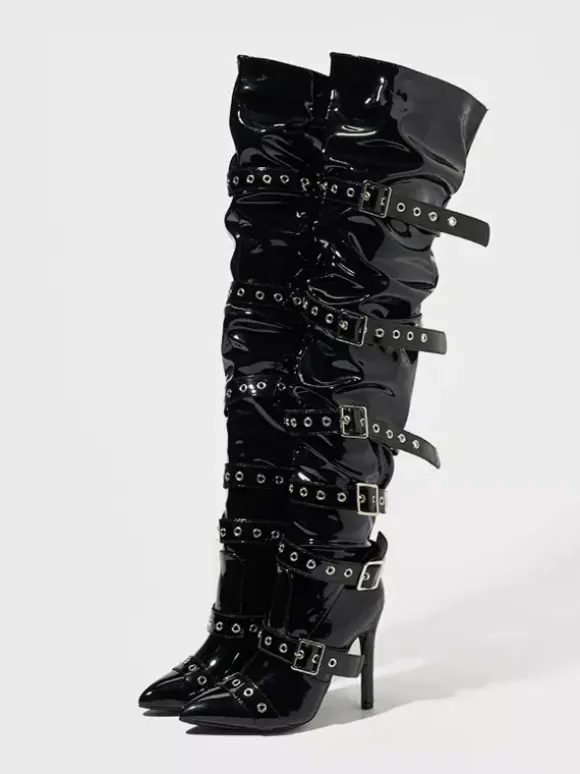 Bottes noires au-dessus du genou bout pointu boucles talon haut cuissardes