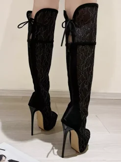 Bottes noires en dentelle au-dessus du genou plateforme bout ouvert talon haut cuissardes