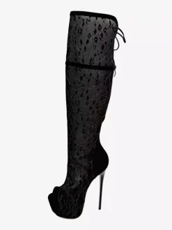 Bottes noires en dentelle au-dessus du genou plateforme bout ouvert talon haut cuissardes