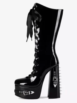 Bottes noires hautes à plateforme et boucle lacets et talons épais