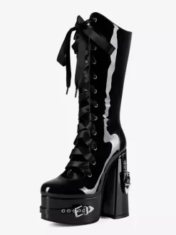 Bottes noires hautes à plateforme et boucle lacets et talons épais