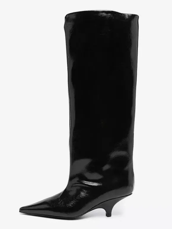Bottes noires hautes à talon chaton et bout pointu pour femmes