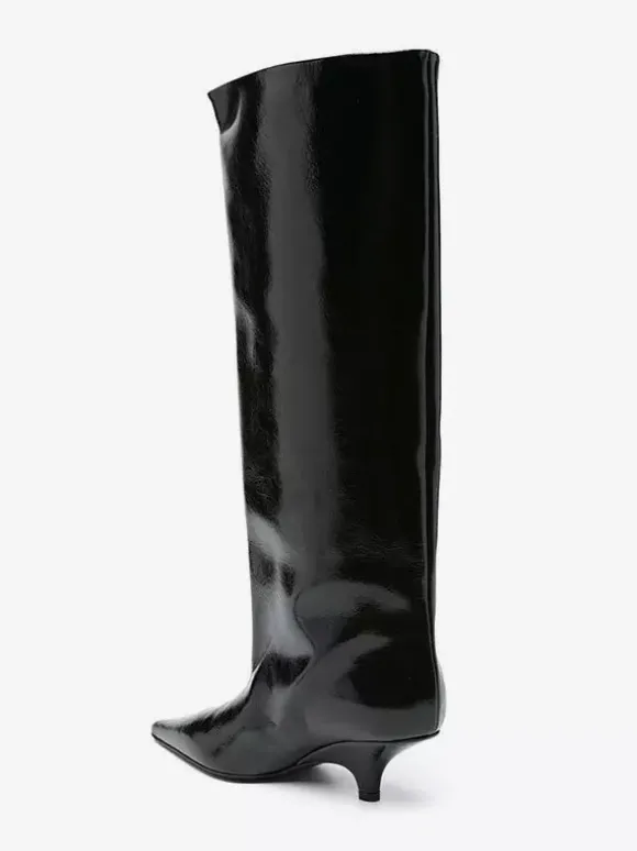 Bottes noires hautes à talon chaton et bout pointu pour femmes