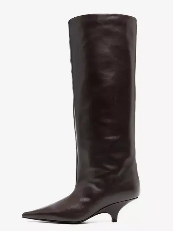 Bottes noires hautes à talon chaton et bout pointu pour femmes