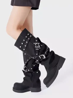 Bottes noires mi-mollet pour femmes bout rond détail boucle