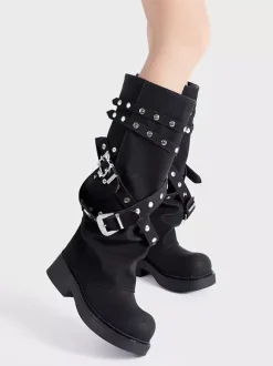 Bottes noires mi-mollet pour femmes bout rond détail boucle