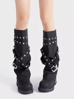 Bottes noires mi-mollet pour femmes bout rond détail boucle