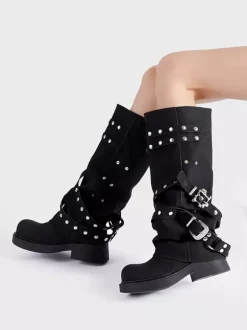 Bottes noires mi-mollet pour femmes bout rond détail boucle