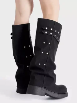 Bottes noires mi-mollet pour femmes bout rond détail boucle