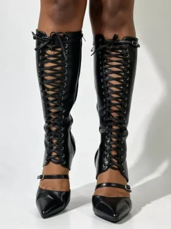 Bottes noires montantes pour femmes bout pointu boucle lacets