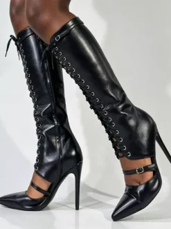 Bottes noires montantes pour femmes bout pointu boucle lacets