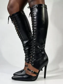 Bottes noires montantes pour femmes bout pointu boucle lacets