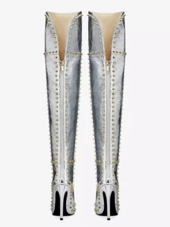 Bottes noires sexy à bout pointu et perles cuissardes