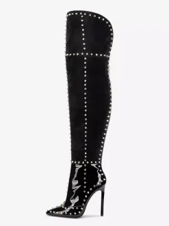 Bottes noires sexy à bout pointu et perles cuissardes
