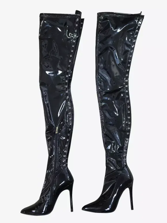Bottes noires sexy à bout pointu et à lacets bottes hautes à talons hauts