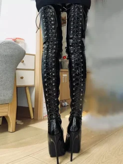 Bottes noires sexy à bout pointu et à lacets bottes hautes à talons hauts