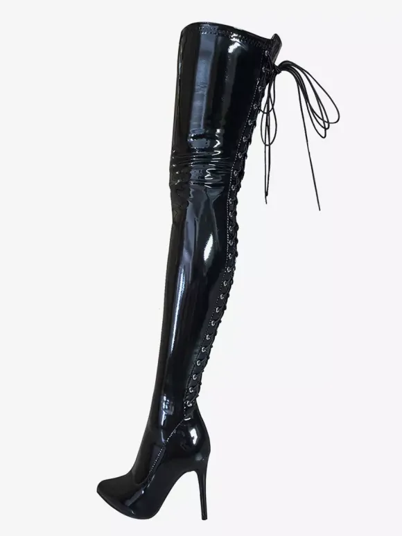 Bottes noires sexy à bout pointu et à lacets bottes hautes à talons hauts