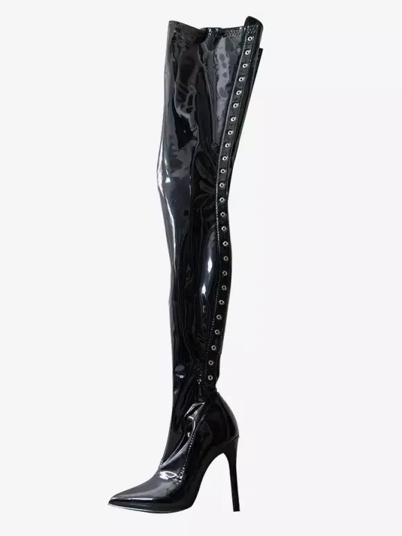Bottes noires sexy à bout pointu et à lacets bottes hautes à talons hauts