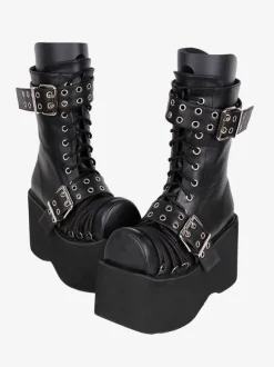 Bottes épaisses gothiques Lolita en cuir PU à bout rond chaussures Lolita bordeaux