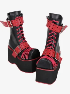 Bottes épaisses gothiques Lolita en cuir PU à bout rond chaussures Lolita bordeaux