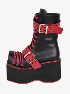 Bottes épaisses gothiques Lolita en cuir PU à bout rond chaussures Lolita bordeaux