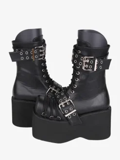 Bottes épaisses gothiques Lolita en cuir PU à bout rond chaussures Lolita bordeaux