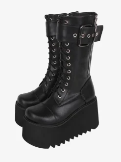 Bottes épaisses gothiques Lolita noires en cuir PU à bout rond chaussures Lolita