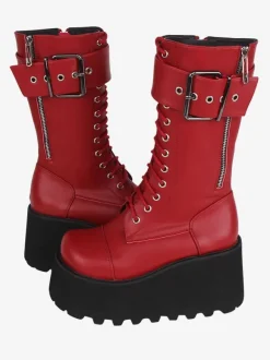 Bottes épaisses gothiques Lolita noires en cuir PU à bout rond chaussures Lolita