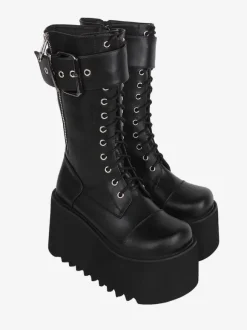 Bottes épaisses gothiques Lolita noires en cuir PU à bout rond chaussures Lolita