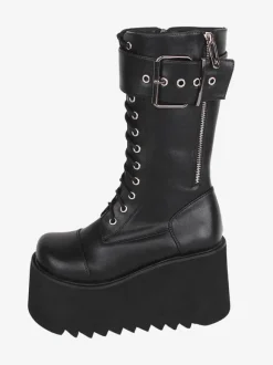 Bottes épaisses gothiques Lolita noires en cuir PU à bout rond chaussures Lolita