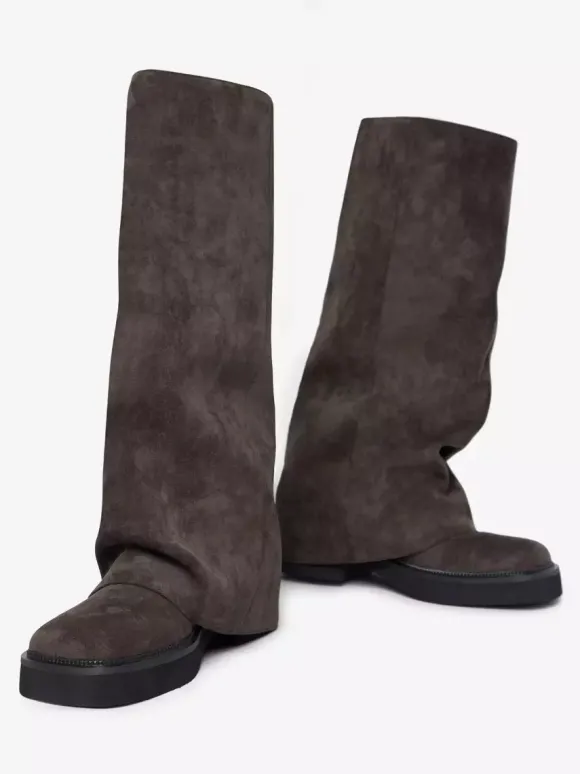 Bottes plates en daim pour femmes à bout rond froncées montantes jusqu'au genou.