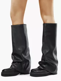 Bottes plates en daim pour femmes à bout rond froncées montantes jusqu'au genou.
