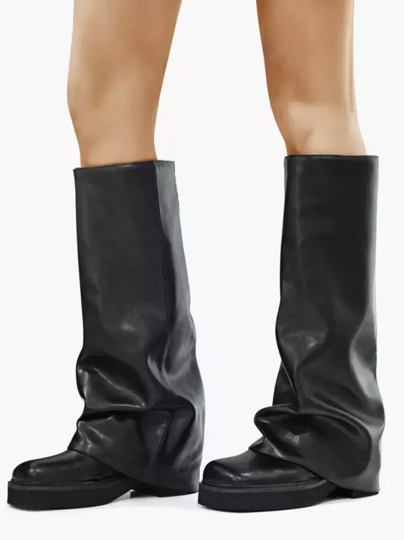 Bottes plates en daim pour femmes à bout rond froncées montantes jusqu'au genou.