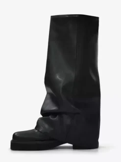 Bottes plates en daim pour femmes à bout rond froncées montantes jusqu'au genou.
