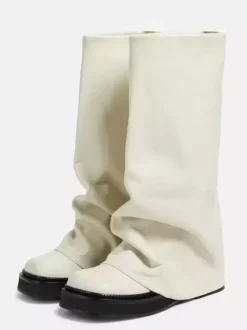 Bottes plates en daim pour femmes à bout rond froncées montantes jusqu'au genou.