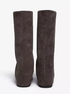 Bottes plates en daim pour femmes à bout rond froncées montantes jusqu'au genou.