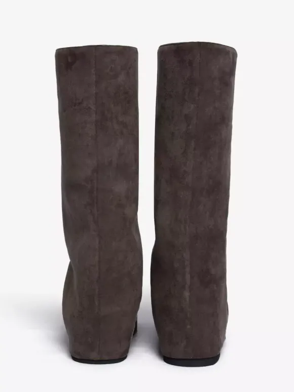 Bottes plates en daim pour femmes à bout rond froncées montantes jusqu'au genou.