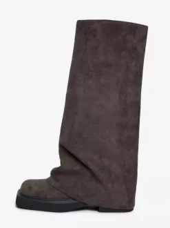 Bottes plates en daim pour femmes à bout rond froncées montantes jusqu'au genou.