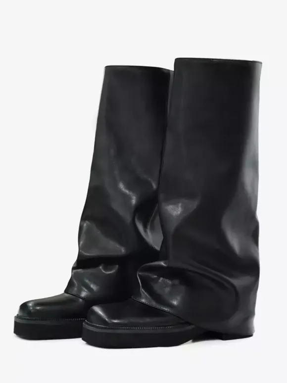 Bottes plates en daim pour femmes à bout rond froncées montantes jusqu'au genou.