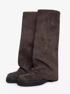 Bottes plates en daim pour femmes à bout rond froncées montantes jusqu'au genou.
