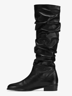 Bottes plates noires pour femmes bout rond froncées hauteur genou