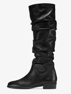 Bottes plates noires pour femmes bout rond froncées hauteur genou