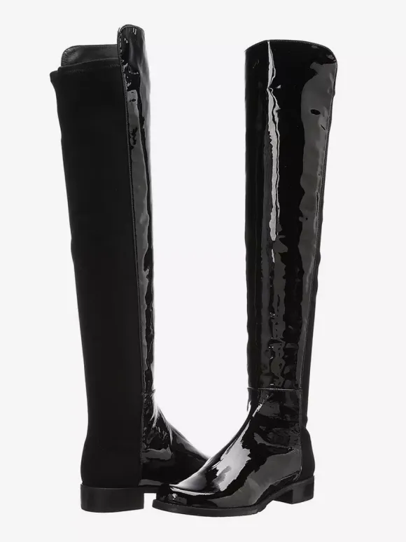 Bottes plates noires pour femmes bout rond patchwork cuissardes