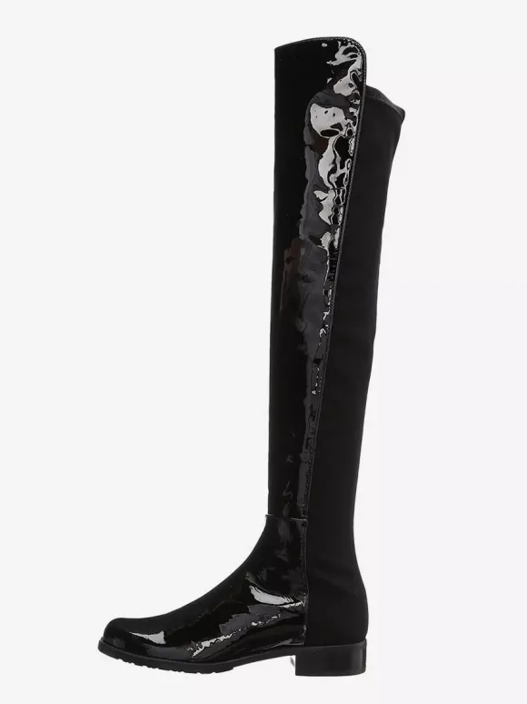 Bottes plates noires pour femmes bout rond patchwork cuissardes