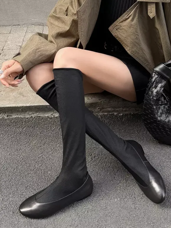 Bottes plates pour femmes bout rond style souple mi-mollet