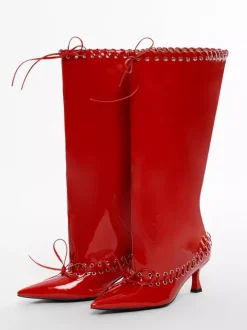 Bottes rouges à mollet large pour femmes bottes hautes à bout pointu et talon chaton